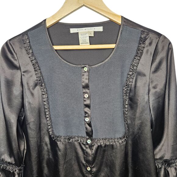 MAX STUDIO Womens Black Satin Blouse L Balloon Sleeves Whimsigoth Witchy Boho - Picture 2 of 7